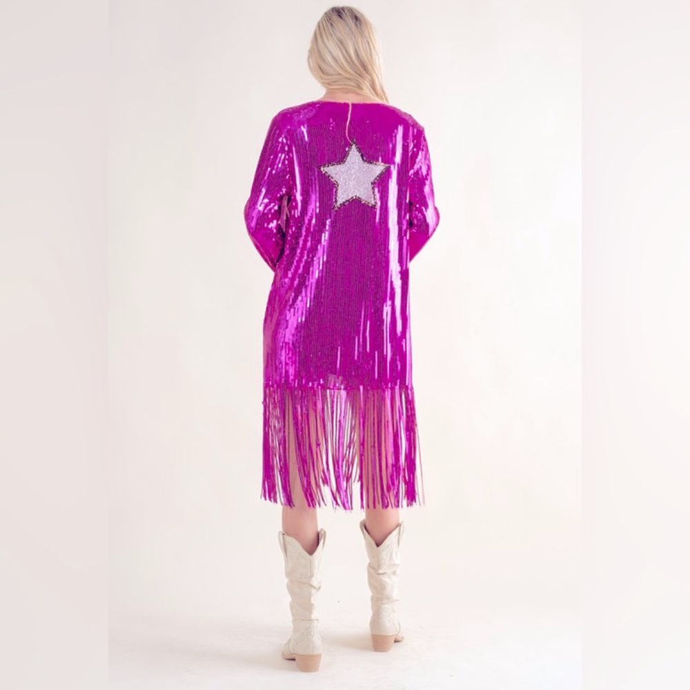 Restock!  Barbiecore Pink Sequin Fringe Star Embellish Midi Tinsel Duster Jacket